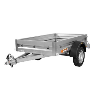 Przyczepa t.b.t., srebrna, z jednym kołem i otwartą przestrzenią ładunkową.