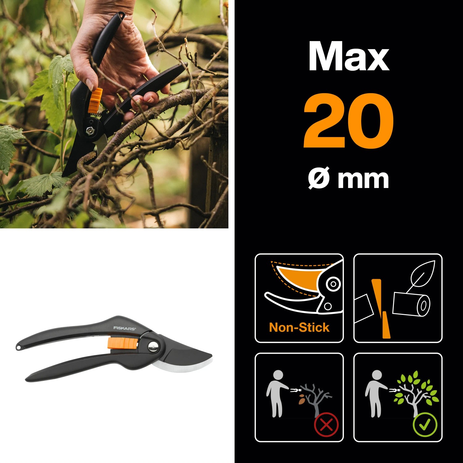 Sekator ogrodowy Fiskars SingleStep P26, sekator bypass do cięcia gałęzi o średnicy do 22 mm.