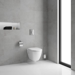 Nowoczesny zestaw WC podwieszany w łazience z szarymi płytkami.