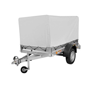 Przyczepa t.b.t. z plandeką, srebrna rama i czarne opony.