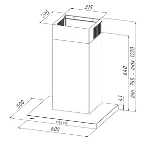 Rysunek techniczny okapu wyspowego z wymiarami.