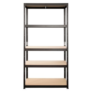 Czarny regał t.b.t. z pięcioma półkami do przechowywania i organizacji.