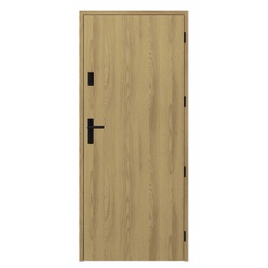 Nowoczesne drzwi wewnętrzne w kolorze drewna z czarną klamką. Idealne do stylowych wnętrz.