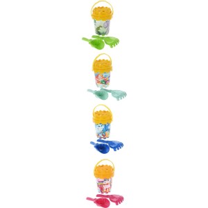 Wielokolorowy zestaw zabawek dla dzieci: wiaderko, łopatka i grabki do piaskownicy i na plażę.