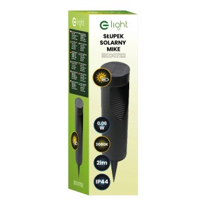 Opakowanie czarnej lampy solarnej t.b.t. do ścieżek z kolcem do ziemi.