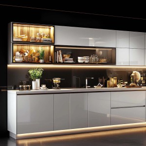 Nowoczesna kuchnia z oświetleniem podszafkowym t.b.t. dla nastrojowego oświetlenia.