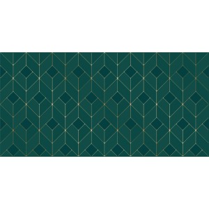 Zielone Dekory i listwy ze złotym geometrycznym wzorem.