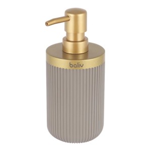 Szary i złoty dozownik mydła t.b.t. do łazienki.