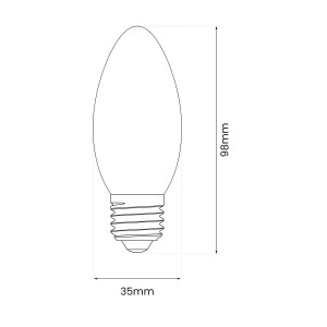 Ilustracja żarówki LED E14 ze specyfikacją rozmiarów (wysokość 98 mm, średnica 35 mm)