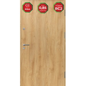 Drzwi zewnętrzne o wyglądzie drewna, klasa bezpieczeństwa RC2, izolacja akustyczna 44dB i wartość izolacji termicznej 0,85 W/m²K.