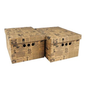 Dwa kartonowe pudełka t.b.t. z pokrywkami i wzorem gazety.