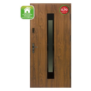 Brązowe drzwi zewnętrzne z szybą i współczynnikiem Ud 0,70 W/m²K.