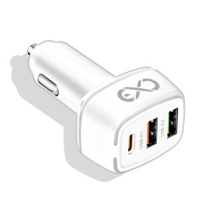 Biały adapter samochodowy t.b.t. z portami USB-A i USB-C do akcesoriów do telefonów komórkowych.