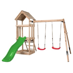 Wieża do zabawy Swing King Noa ze zjeżdżalnią (jasnozielona) i dwiema huśtawkami (czerwone).