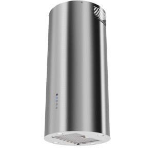 Okap wyspowy t.b.t. ze stali nierdzewnej, cylindryczny kształt.