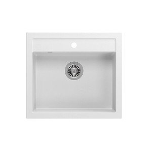 Biały, kwadratowy zlewozmywak granitowy z okrągłym odpływem.