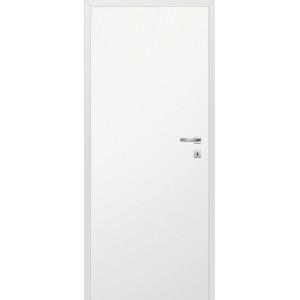 Białe drzwi wewnętrzne z srebrną klamką.