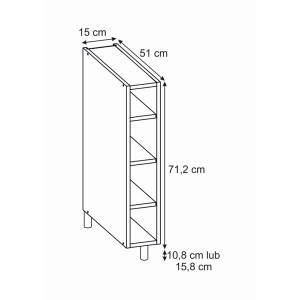 Rysunek techniczny: Szafka t.b.t. o wymiarach 15x51x71,2 cm, wysokość nóg 10,8/15,8 cm. Idealna do przechowywania.