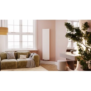 Biały grzejnik t.b.t. w nowoczesnym salonie.