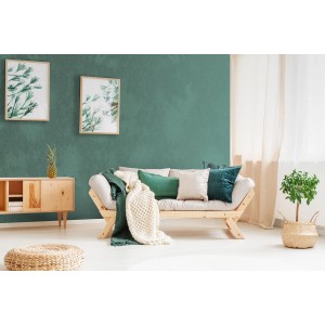 Salon z zieloną farbą na ścianach, sofa z poduszkami i elementami dekoracyjnymi.