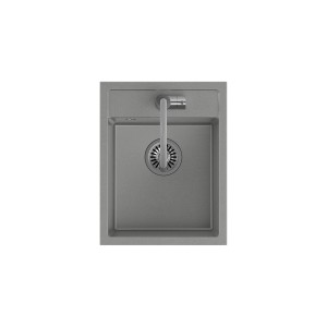 Szary zlewozmywak granitowy t.b.t. z odpływem i kranem z góry.