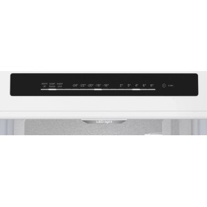 Zbliżenie panelu sterowania chłodziarko-zamrażarki z wyświetlaczem temperatury i oświetleniem LED.