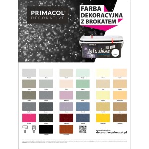 Wzornik kolorów i wiadro farby efektowej "Let's Shine" marki Primacol Decorative.