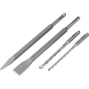 Zestaw dłut i wierteł do wiertarek udarowych, idealny do pracy w kamieniu i prac rozbiórkowych.