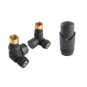 t.b.t. do instalacji grzewczych: Dwa czarne kolanka i głowica termostatyczna.