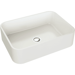 Prostokątna, biała umywalka nablatowa z zaokrąglonymi rogami.