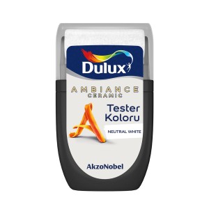 Dulux Ambiance Ceramic tester koloru Neutral White, wałek do malowania ścian.