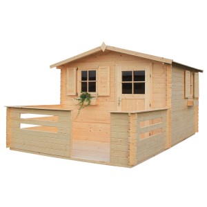 Drewniany domek ogrodowy t.b.t. z tarasem, okiennicami i drzwiami. Idealny jako domek do zabawy lub altana ogrodowa.