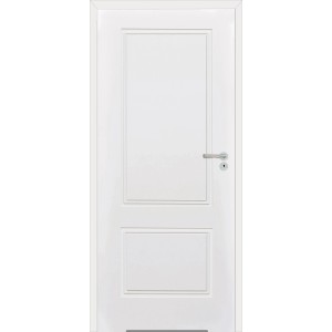 Białe drzwi wewnętrzne t.b.t. z dwoma prostokątnymi płycinami i srebrną klamką.