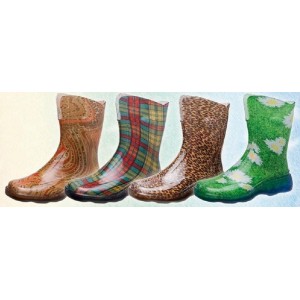 Kalosze ogrodowe w różne wzory: drewno, krata, leopard, kwiaty.