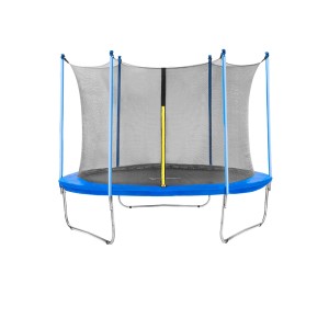Niebieska trampolina ogrodowa z siatką zabezpieczającą dla dzieci i dorosłych.