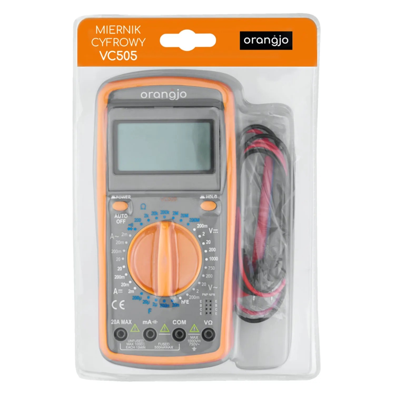 Multimetr cyfrowy Orangjo VC505 w blistrze: Miernik prądu, napięcia i rezystancji.