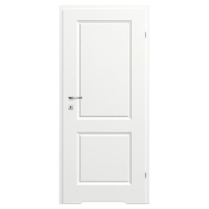 Białe drzwi wewnętrzne t.b.t. z dwoma płycinami i srebrną klamką.