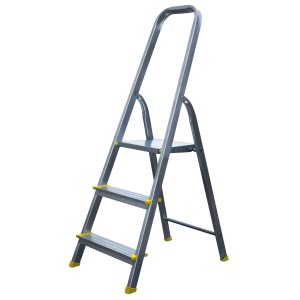 Srebrna drabina domowa z trzema stopniami i uchwytem.