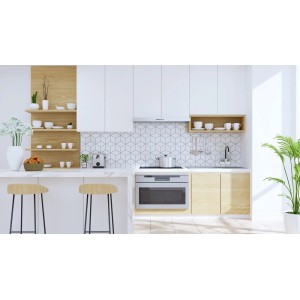 Nowoczesna kuchnia z baterią jednouchwytową i białymi szafkami.