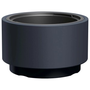 Doniczka t.b.t. w kolorze ciemnoszarym, o cylindrycznym kształcie.