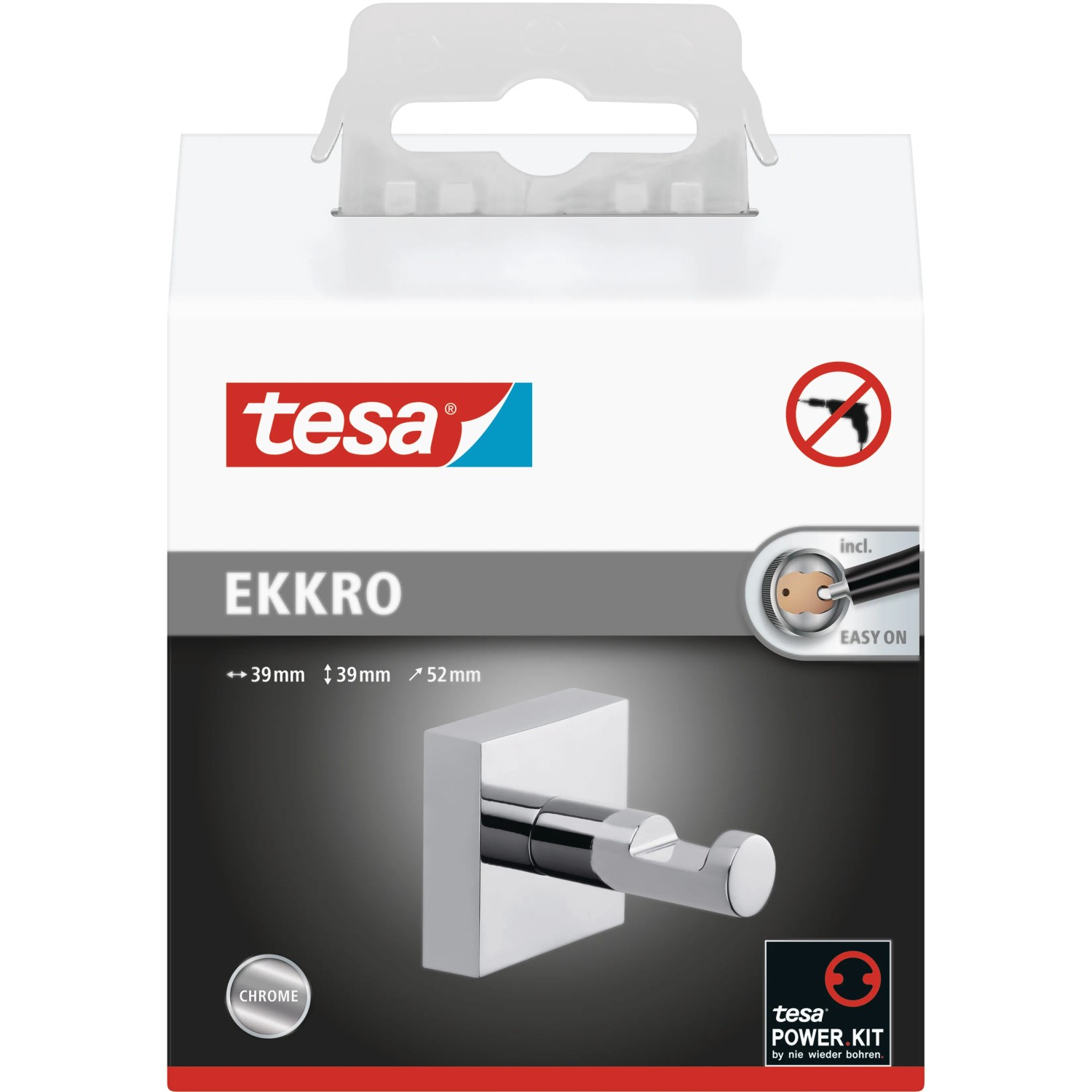Tesa Ekkro chromowany haczyk na ręcznik do montażu na ścianie bez wiercenia.