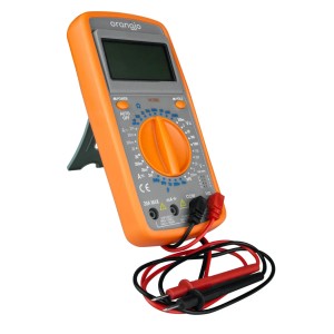 Multimetr Orangjo, pomarańczowy miernik z kablami i wyświetlaczem.