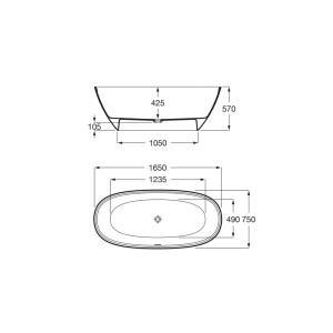 Rysunek techniczny wanny wolnostojącej z wymiarami.