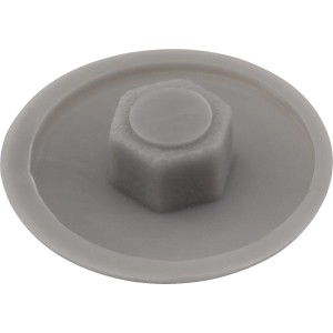 Szara zaślepka do śrub meblowych.