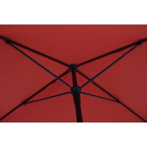 Zbliżenie: Terakotowy parasol balkonowy Hernando ze stalową ramą, widok od dołu.