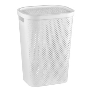Biały, perforowany kosz na pranie z pokrywą.