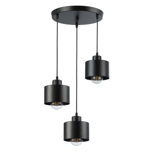 Czarna lampa wisząca t.b.t. z trzema cylindrycznymi kloszami.