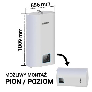 Zdjęcie białego bojlera t.b.t z wymiarami i opcjami montażu.