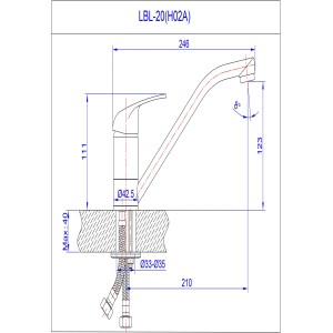 Rysunek techniczny: bateria jednouchwytowa t.b.t. z wymiarami.