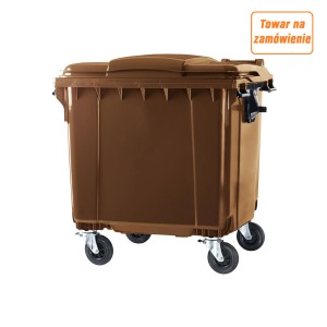 Brązowy pojemnik na odpady t.b.t. z pokrywą i kółkami dla łatwego usuwania.